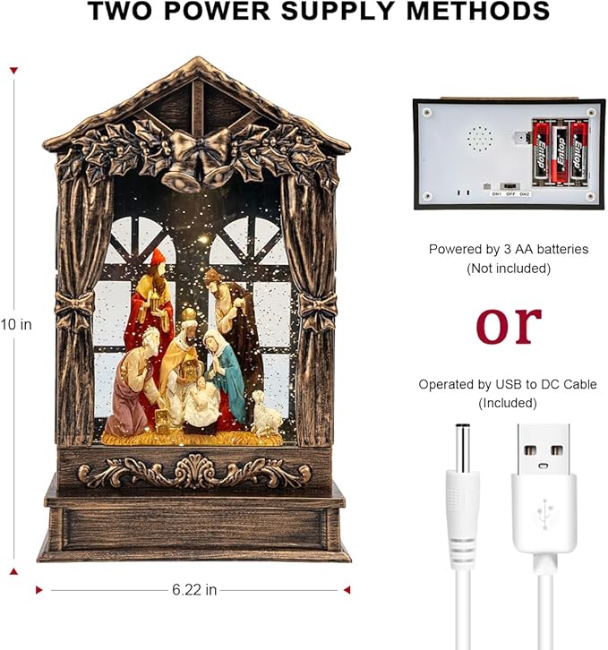 Christmas Snow Globe Lighted Manger Nativity Scene, Musical Window Water Lantern Play Silent Night Music in Swirling Glitter, Holiday Decorations Gift