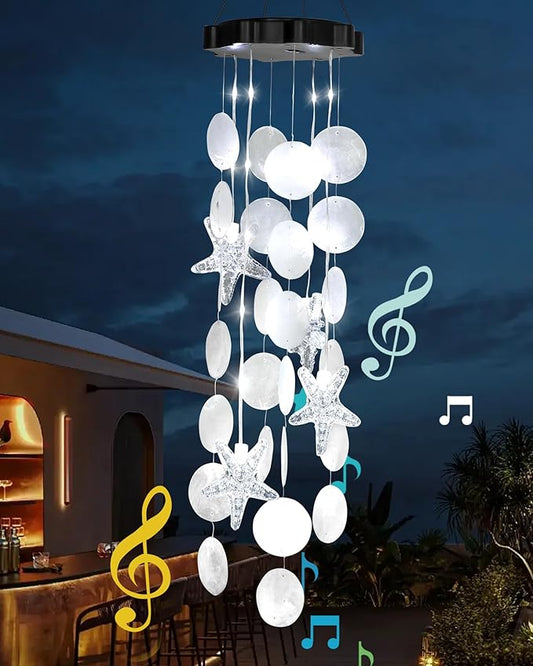 Solar Wind Chimes Decorative Lights for Outside, Shells Gifts for Mom Grandma Women Wife Girls, Hanging Solar Light for Holiday Garden Yard Window (White)
