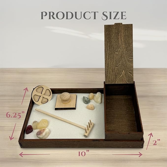 Wooden Zen Garden with Accessories Box | White Sand with Rake & Accessories | Minimalist Decor Gift for Relaxation | Great for Storing Tools and Other Items