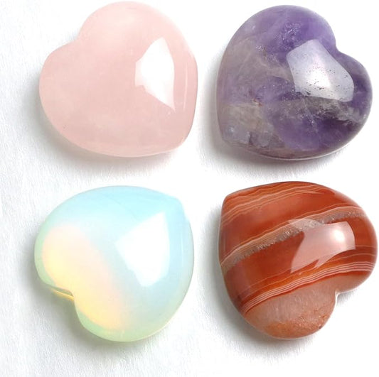 4Pcs Healing Crystals and Heart Stones, Amethyst Rose Quartz Opal Agate Crystal Set Bulk, Polished Love Worry Stones Palm Thumb Pocket Stone Reiki Meditation Pink Heart Anxiety Relief Gifts for Women