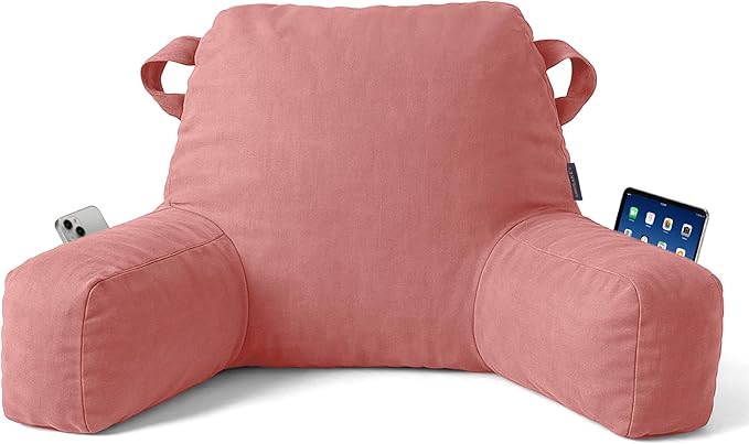 Portable Comfy Reading Pillows for Bed Sitting Up(Dark Pink Oeko-Tex), Velvet Back Pillow with Arms & Pockets for Adults, Support Memory Foam Bed Pillow for Dorm/Reading/Watching/Gaming