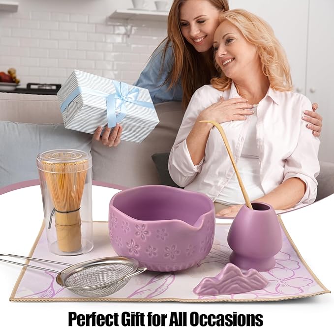 APLSTOW Matcha Whisk Set - Traditional Japanese Handmade Bamboo Matcha Whisk and Holder, Matcha Bowl,Bamboo Scoop, Scoop Rest, Sifter and Tea Towel (Purple)