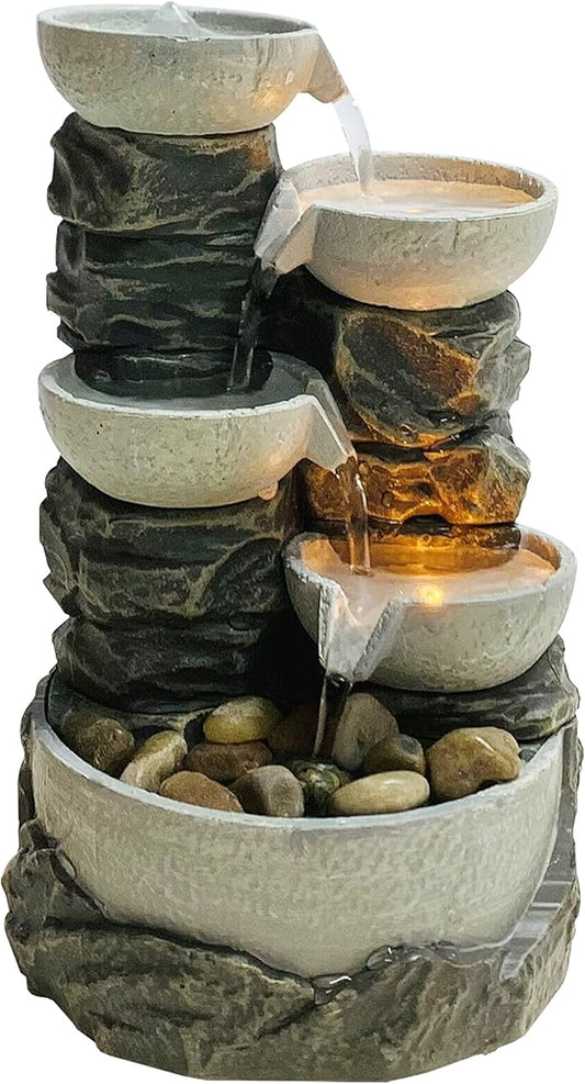 Nature's Mark 9" H 5-Tiered Cascading Rock Bowl Tabletop Water Fountain with Natural River Rocks and LED Lights (Power Cord Attached)