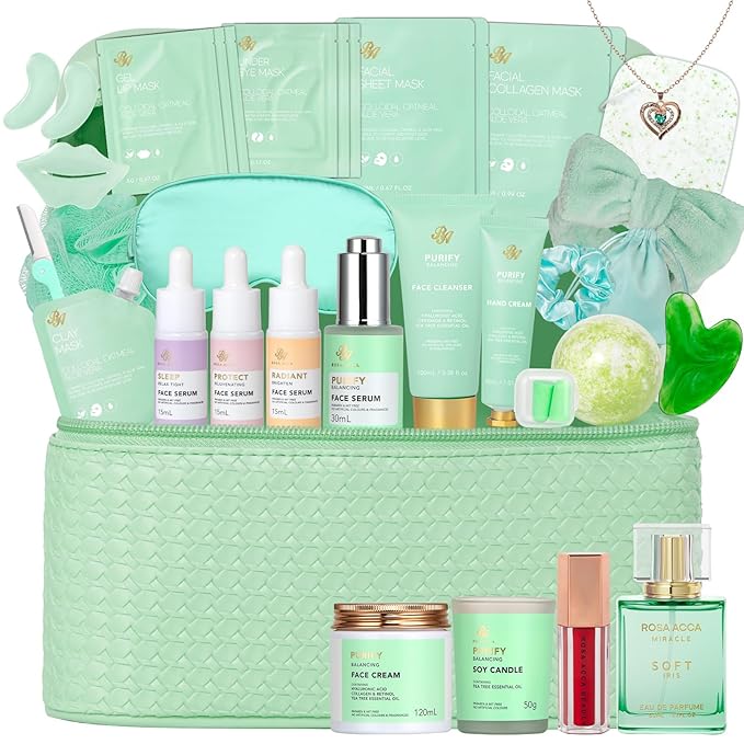 Tea Tree Women Collagen Face Sheet Mask Skin Care Gift, 33 Pcs Self-Care Relaxation Set, Under Eye Patch, Necklace, Lip Gloss, Bath and Body Kit, Face Serum, Christmas, Mother Day, Birthday Present