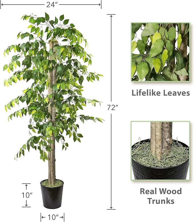 Artificial Deluxe Ficus Tree in Black Metal Pot - Real Wood Trunk, Preassembled, No Maintenance Indoor Faux Plant - Living Room, Home & Office Decor (6ft Tall)