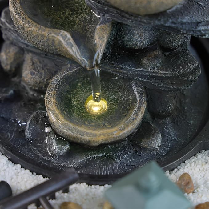 Indoor Tabletop Water Fountain with LED Lights & Pagoda, 4-Tier Rock Cascading Design, Artificial Flowers, White Stones and Rake, Zen Decor for Office/Living Room/Bedroom/Study (8.5" H)