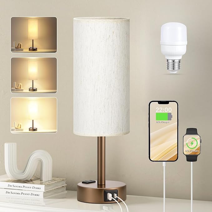 Brown Bedside Table Lamp for Bedroom - 3 Way Dimmable Touch Lamp USB C Charging Ports and AC Outlet, Small Lamp Round Flaxen Cream Fabric Shade for Living Room, Desk, LED Bulb Included