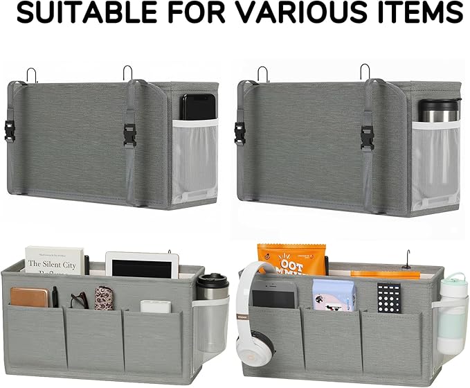 Bedside Caddy Organizer,Bed Hanging Storage Bag for Dorm Utility Carts Bed Rails,Book Phone Magazine Holder(6 Pockets,Grey)