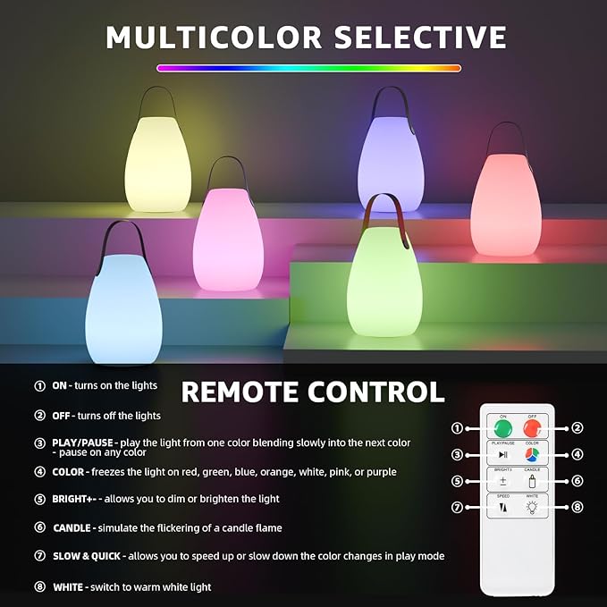 uuffoo 2 Pack Portable Outdoor Table Lamp - Dimmable Rechargeable Night Lights w/ Remote and 7 RGB Colors, IP44 Water-Resistant Hanging Lantern for Patio, Tent, Bedroom, Garden, Emergency