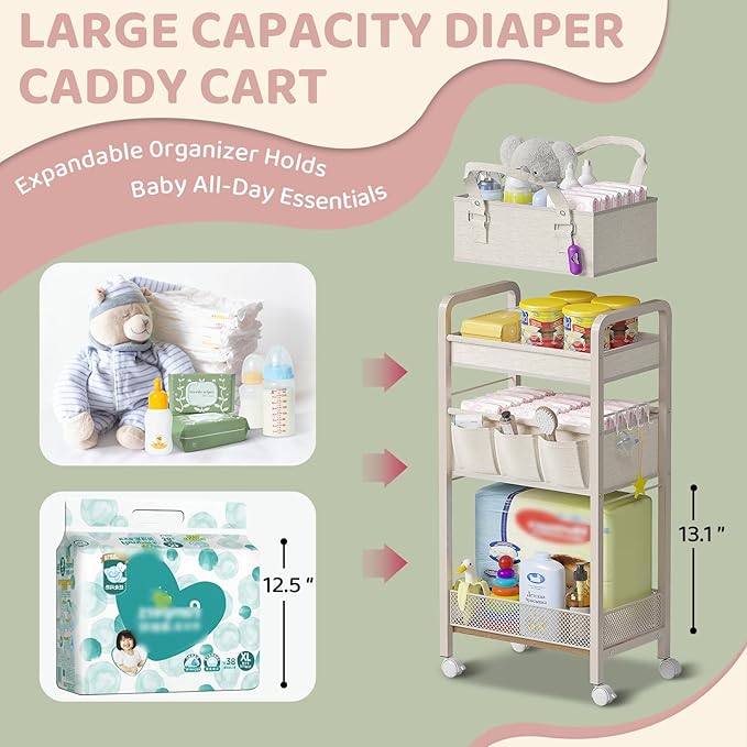 Baby Diaper Caddy Organizer and Storage,2In1 Baby Cart Organizer-Baby Diaper Caddy+3 Tier Rolling Cart for Baby Nursery,Baby Bedside Cart,Easy Assembly,Beige