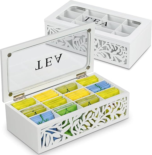 handrong Tea Box Organizer,Wood Tea Organizers and Storage,12 Compartments Teas Bag Organizers,Teas Bag Holder Organizer,Wooden Storage Box for Countertop Kitchen Cabinet Pantry