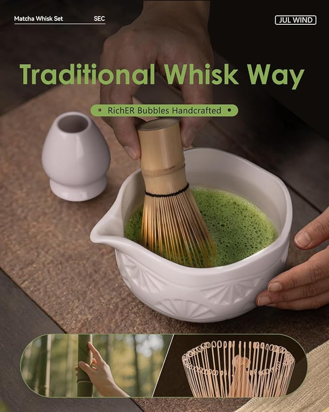 Matcha Whisk Set, Ceramic Matcha Set Includes Bowl with Spout, Whisk and Holder, Bamboo Scoop, Sifter and Tea Towel - 6 Pcs Matcha Kit Gift for Matcha Lovers (White)
