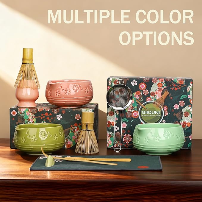 Matcha Whisk Set, Ceramic Bowl with Spout, Bamboo Matcha Whisk & Spoon, Chasen Holder, Scoop Rest, Sifter, 8-Pcs Japanese Matcha Powder Kit–Gift for Ceremony & Matcha Lovers-Mint
