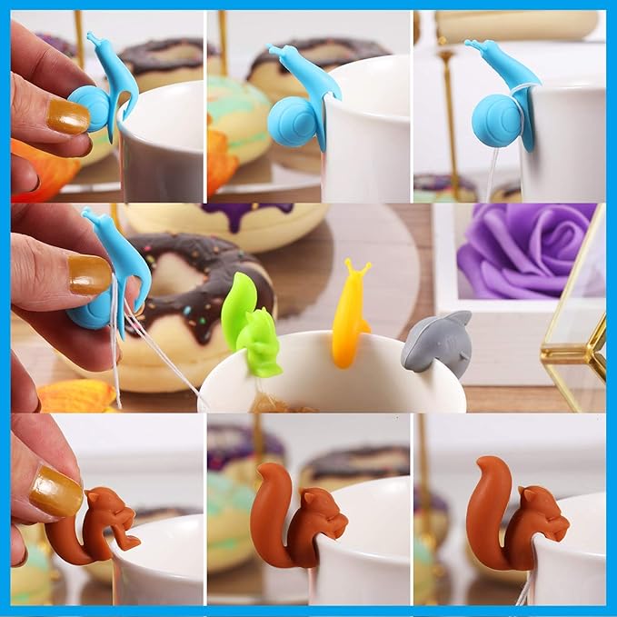 Boao 36 Pcs Silicone Tea Bag Holders Wine Charms Glass Identifier Drink Markers Cute Colorful Snail Squirrel Shark Cup Edge Holders Mug Clips Tea Accessories for Christmas Birthday Bar Party Favor