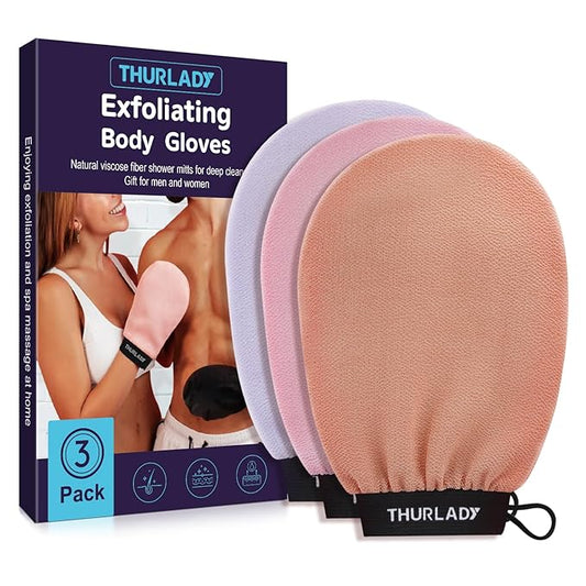 Korean Exfoliating Mitt, Exfoliating Glove, 3 Pack Viscose Fiber Body Scrub Gloves, Dead Skin Remover for Smoother Skin, Self-Tan Prep and Removal, Peach Pink Purple