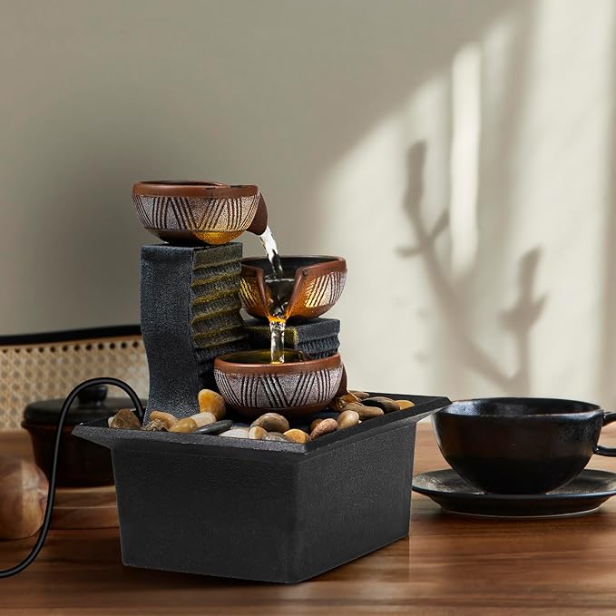Tabletop Fountain, 3-Tier Desktop Waterfall with LED Lights, Small Indoor Water Feature with Natural River Stones, Suitable as Zen Decor for Home/Office