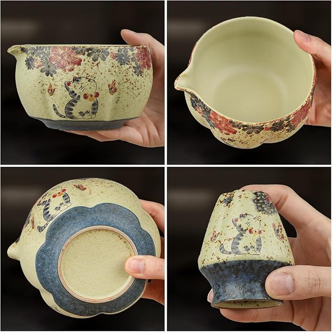 7-Piece Matcha Set with Matcha Bowl, Bamboo Whisk (Chasen) & Holder, Sifter, Tea Scoop & Rest, Special Bamboo Tea Mat - Perfect Matcha Kit for Matcha Lovers & Gift Giving, Kitty Pattern