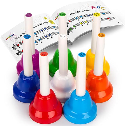 AMOR PRESENT Hand Bells for Kids,Toddler Musical Instruments 8 Notes Diatonic Colorful Handbells Set with 20 Songbooks Toddler Music Toys Stocking Stuffers