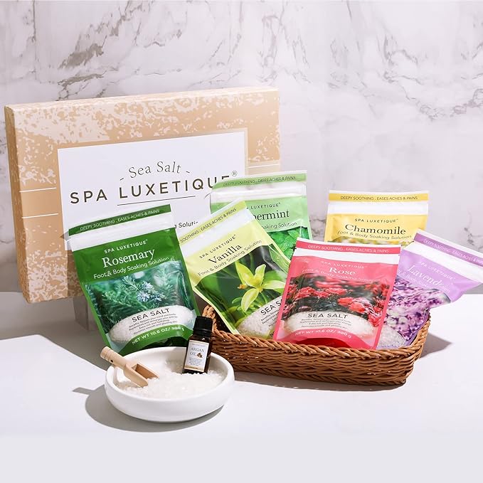 spa luxetique Bath Salts Gift Set 6-Pack, Foot and Body Sea Salts for Soaking, Wooden Scooper, 0.5oz Argan Oil, Bath Salts for Women Relaxing, Mother's Day Gifts for Mom, Christmas Gifts for Her