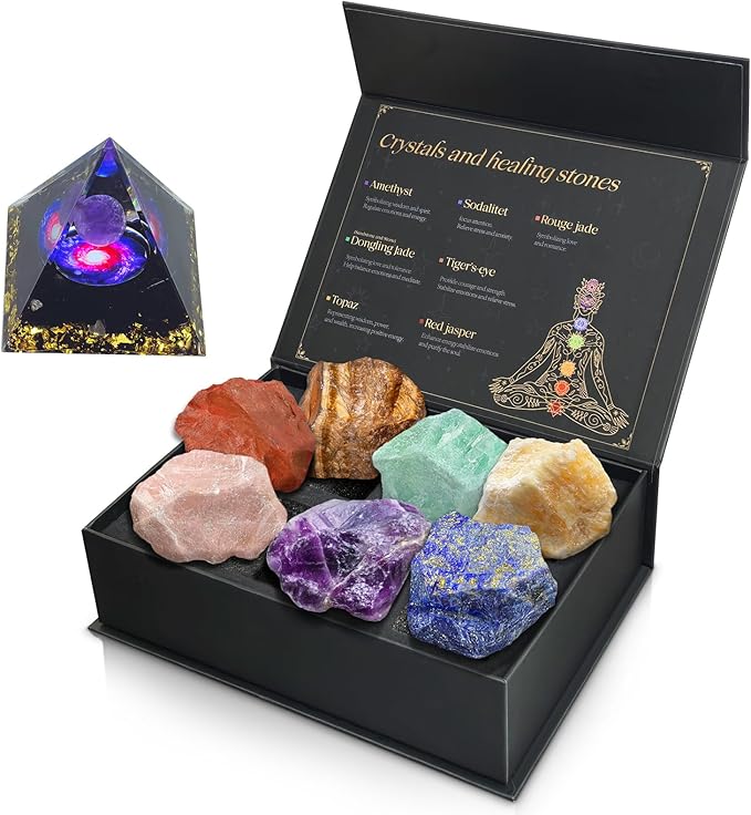 Crystals and Healing Stones Set with Orgonite Pyramid - (2-2.5 inch) Large 7 Chakras Stones, Positive Energy Healing Stones for Meditation Spiritual Protection, Christmas Birthday Gifts for Women