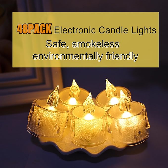 48 Pack Flameless Tea Lights - Battery Operated Crystal LED Tealight & Votive Electric Fake Candles for Valentines & Christmas