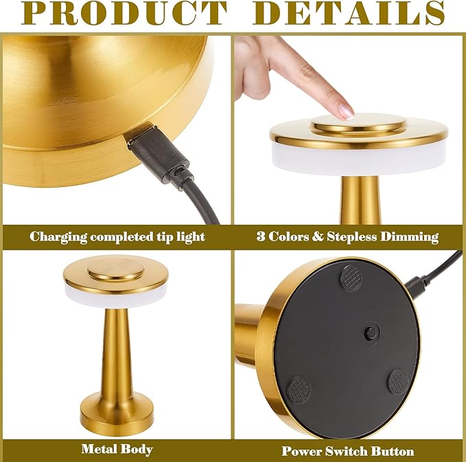 VIHOSE 24 Pcs Gold Cordless Table Lamps LED Portable Rechargeable Table Lamp with Touch Sensor 3 Color Dimming up to 15 Hours Battery Desk Light for Restaurant Nursery Living Room