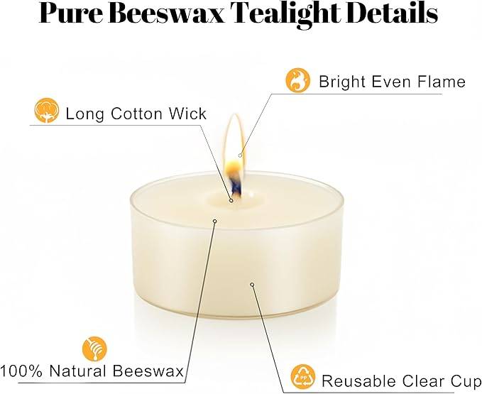 48 Pcs Natural Beeswax Tealight Candles White, Pure Beeswax Tea Candles in Clear Cup, Organic Ivory Small Tea Light Candles with 4 Hours Clean Burn Time, Soy, Paraffin, & Fragrance Free
