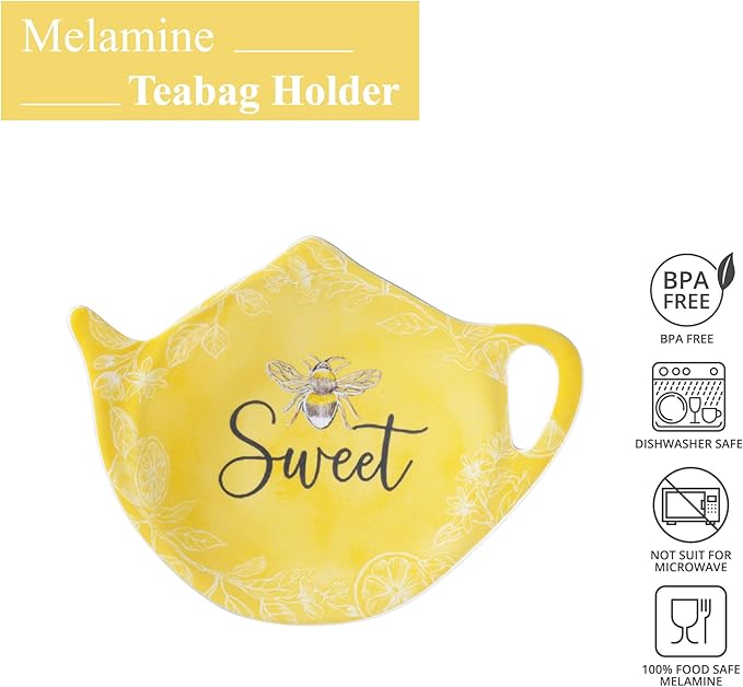 Supreme Housewares Sweet Bee Tea Bag Holders, Teapot Shaped Tea Bag Coasters Spoon Rests Saucer Seasoning Dish Set, Yellow, 4 x 3 Inch, Set of 4