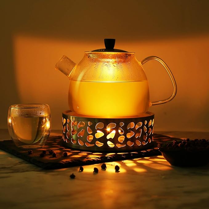 Simtive Teapot Warmer, Brushed Stainless Steel Tea Warmer with Tealight Holder, Gold