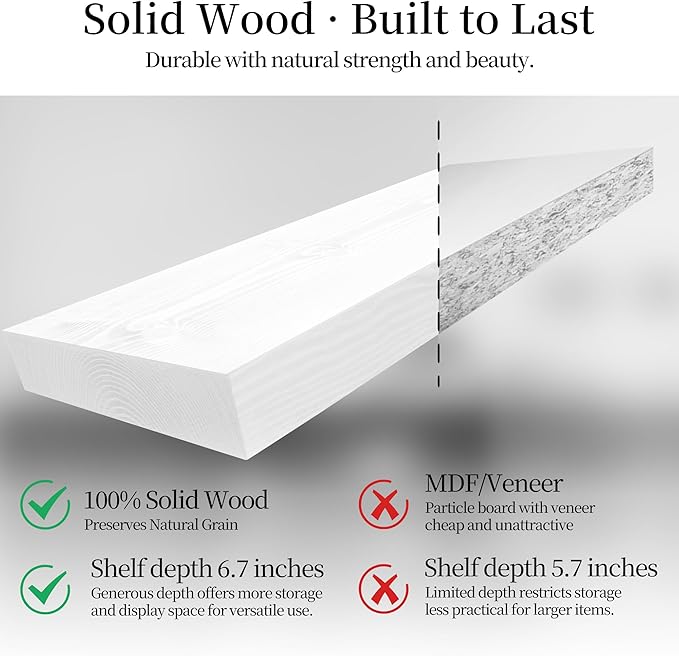 BGMG Wood Floating Shelves 18 inch,White Floating Shelves for Wall,Solid Wood Wall Shelves for Bathroom Living Room Bedroom Kitchen Farmhouse Set of 2-18x 6.7 x1.25 inch