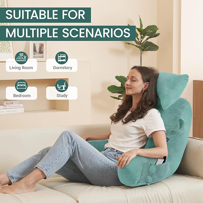 Portable Reading Pillows with Headrest for Bed Sitting Up(Lake Blue Oeko-Tex), Velvet Back Pillow with Arms & Pockets for Adults, Support Memory Foam Bed Pillow for Dorm/Watching/Gaming