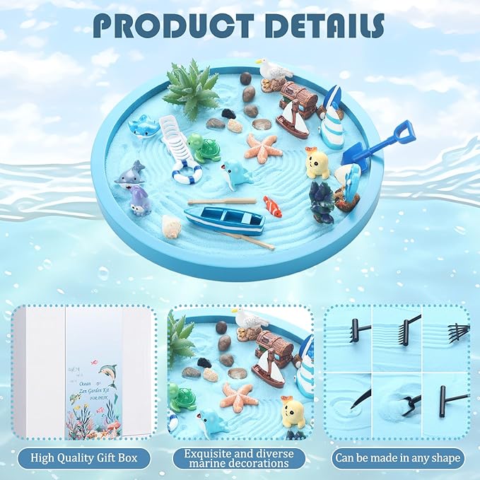 37 Pcs Ocean Zen Garden Kit for Desk 10 x 10 Inches Japanese Beach Sea Decoration Mini Zen DIY Gifts Set with Mini Decorative Tools Blue Tray and Sand for Desktop Meditation Accessories