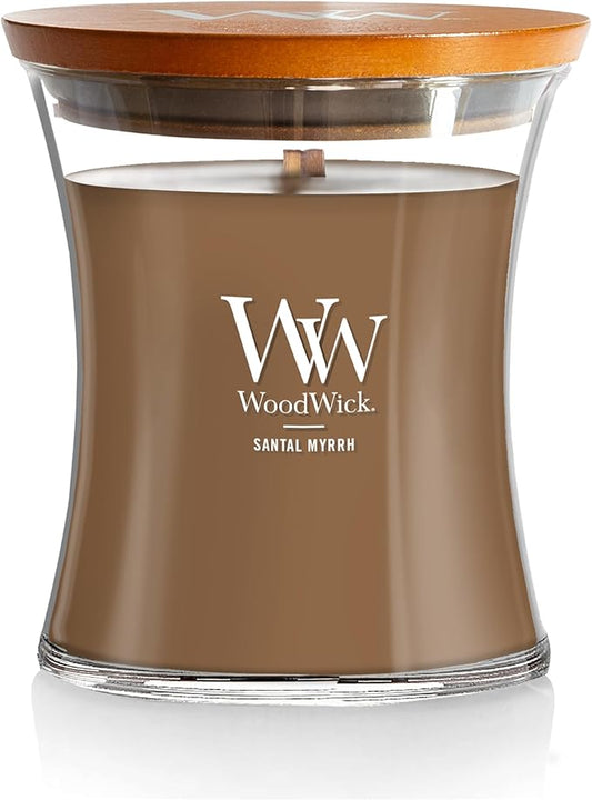 WoodWick Medium Hourglass Candle Santal Myrrh - Premium Soy Blend Wax Pluswick Innovation Wood Wick Made in USA