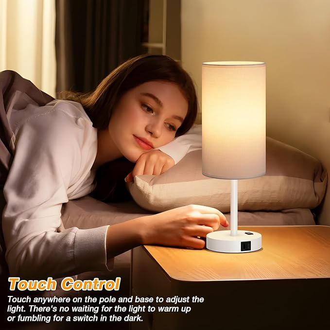 Dicoool Touch Bedside Table Lamp with USB - 3 Way Dimmable White Lamp for Bedroom Nightstand, Desk Lamp with Charging Station for Dorm, Office, Kids Room, Living Room