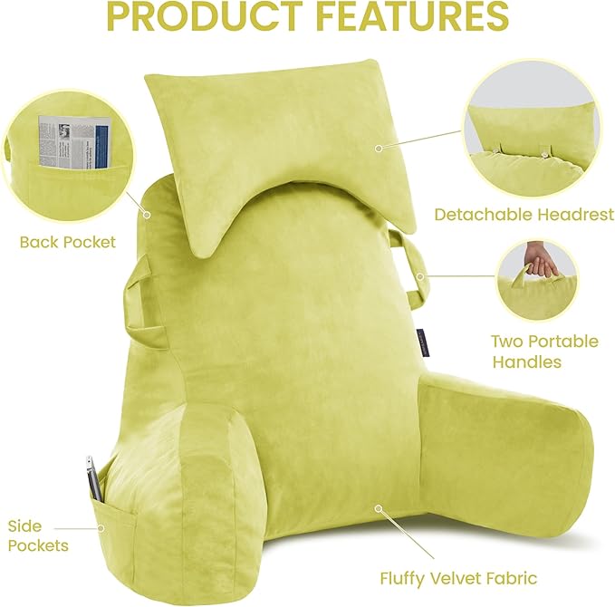 Portable Reading Pillows with Headrest for Bed Sitting Up(Yellow Oeko-Tex), Velvet Back Pillow with Arms & Pockets for Adults, Support Memory Foam Bed Pillow for Dorm/Reading/Watching/Gaming