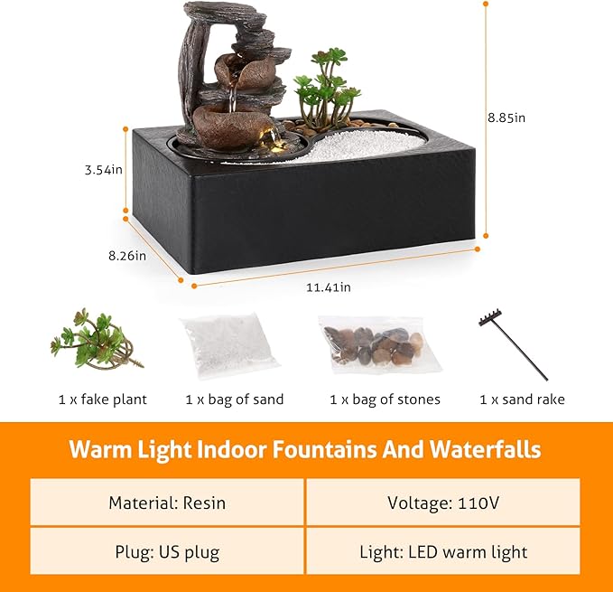 WICHEMI Water Fountains Indoor Waterfall Fountain Tabletop Fountain with LED Light Water Feature Indoor Zen Meditation Relaxation Desktop Fountains for Home and Office Indoor Spaces Decor