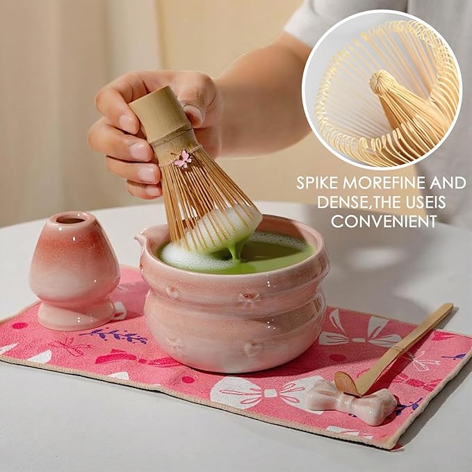 Matcha Whisk Set, 8 PCS Ceramic Set Includes 15-OZ Matcha Bowl with Spout, Bamboo Tea Whisk and Stand, Scoop and Spoon. Matcha Kit for Matcha Lovers and Beginners (pink)