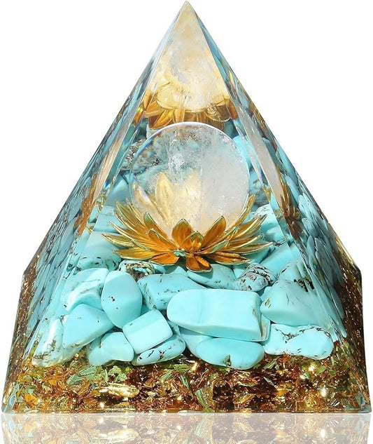 LAIDANLA Turquoise Orgone Pyramid Healing Crystals Orgonite Pyramid Flower of Life Positive Energy Spiritual Reiki Gemstone Pyramid for Anti-Stress Inspirational Attracts Success Decor Gifts