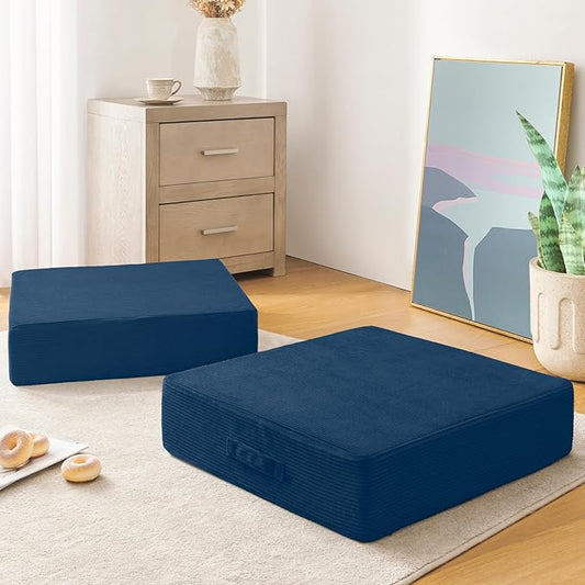 Wellsin Solid Square Floor Pillows for Adults Kids - Large Meditation Floor Pillow Seating Cushion with Thick Foam & Washable Velvet Cover, 2 Pack, 22x22x5 Inch, Dark Blue