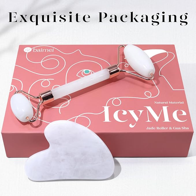 BAIMEI IcyMe Jade Roller & Gua Sha Set Face Roller and Gua Sha Facial Tools for Skin Care Routine and Puffiness, Self Care Gift for Men Women - White