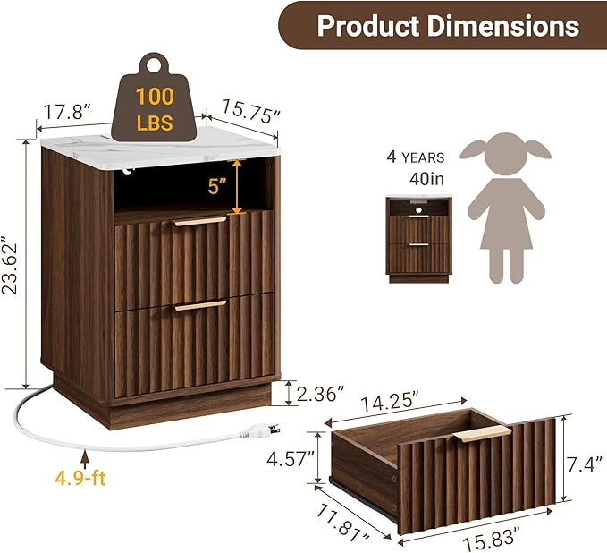 Fluted Nightstand Set of 2 with Charging Station, 18" Modern Night Stand with Faux Marble Top, 2 Drawers End Table with Storage, Bedside Table for Bedroom Living Room,Curved Profile(Walnut)