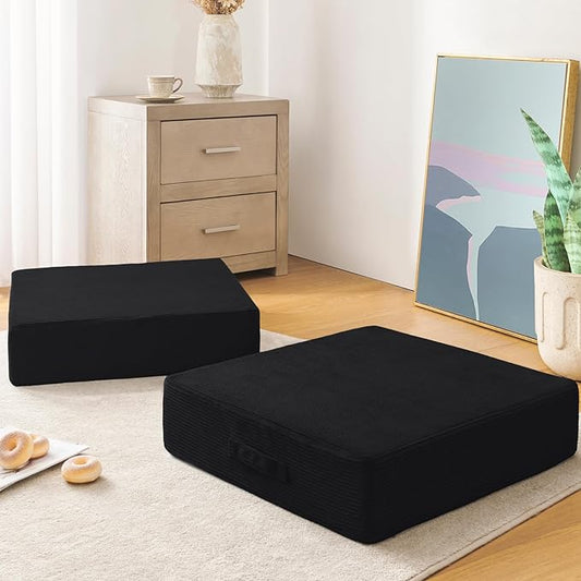 Wellsin Solid Square Floor Pillows for Adults Kids - Large Meditation Floor Pillow Seating Cushion with Thick Foam & Washable Velvet Cover, 2 Pack, 22x22x5 Inch, Black