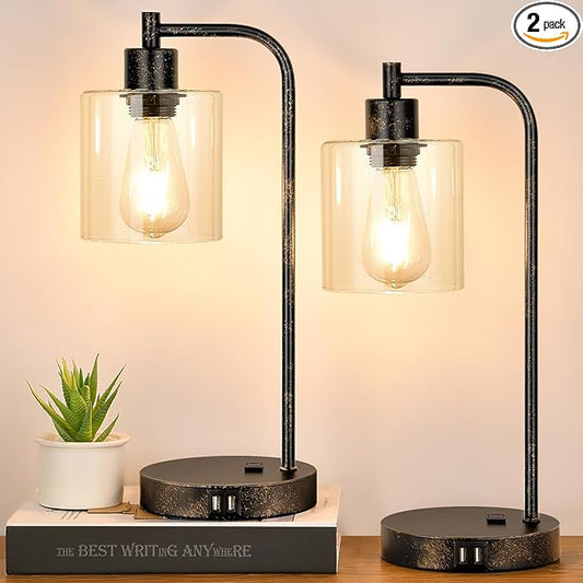 Industrial Touch Table Lamps Set of 2 - Rustic Black Bedside Lamps with 2 USB Ports & AC Outlet, 3-Way Dimmable Nightstand Desk Lamp for Bedroom Living Room Farmhouse, Glass Shade & LED Bulbs Included