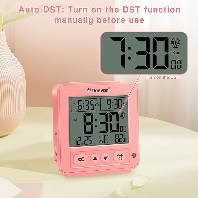 Geevon Small Digital Atomic Alarm Clock for Bedroom, Travel Table Clock with Auto/8s Backlight, 2 Alarm, Temperature, Desk Clock Battery Operated for Deep Sleepers Kids Elderly Home Office, Pink