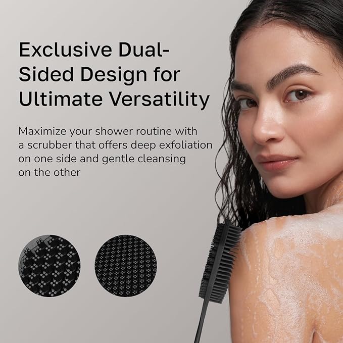Silicone Back Scrubber with Long Handle - Octagon Body Brush for Shower, Bath, and Exfoliating - Skin Cleansing, Back Scrub and Gentle Silicone Sponge - Wash Your Body with Easy Reach - Black