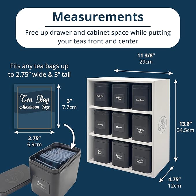 AllSpice Tea Organizer Rack with 9 Tins & 160 Magnetic Labels – Perfect for Bagged & Loose Leaf Tea Organization - White