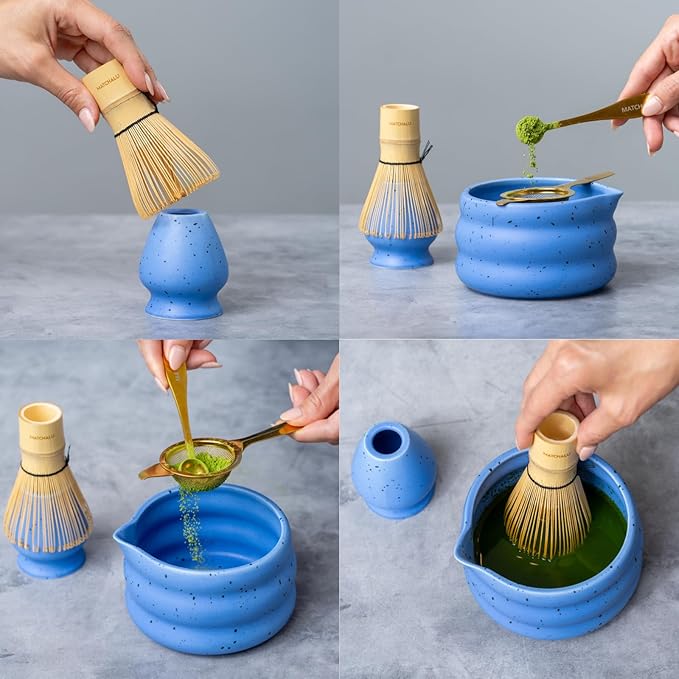 Matcha Whisk Set With Ceramic Matcha Bowl, Bamboo Whisk & Holder, Stainless Steel Spoon & Sifter, Glass Cup & Straw, Electric Frother, Storage Bag - Gift for Matcha Lovers (Premium 9-Piece Set Blue)