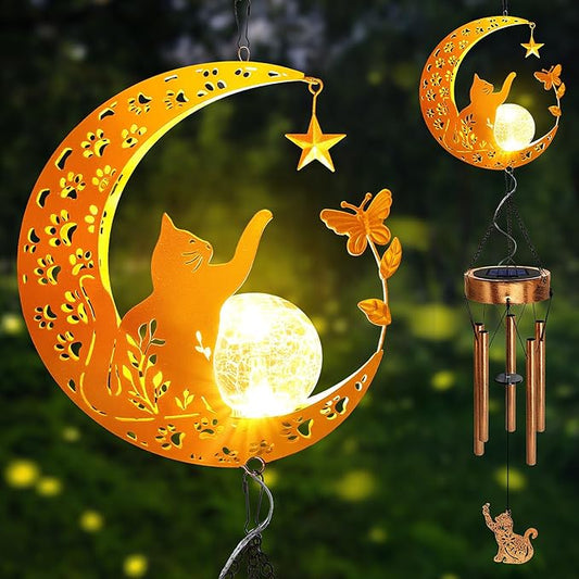 Solar Moon Cat Wind Chimes,Cat Gifts for Mom Women Men Sympathy Festival Birthday,Hanging Outdoor Decor Cracked Glass Ball Memorial Large Wind Chimes,Christmas Yard Decorations for Garden Patio Porch