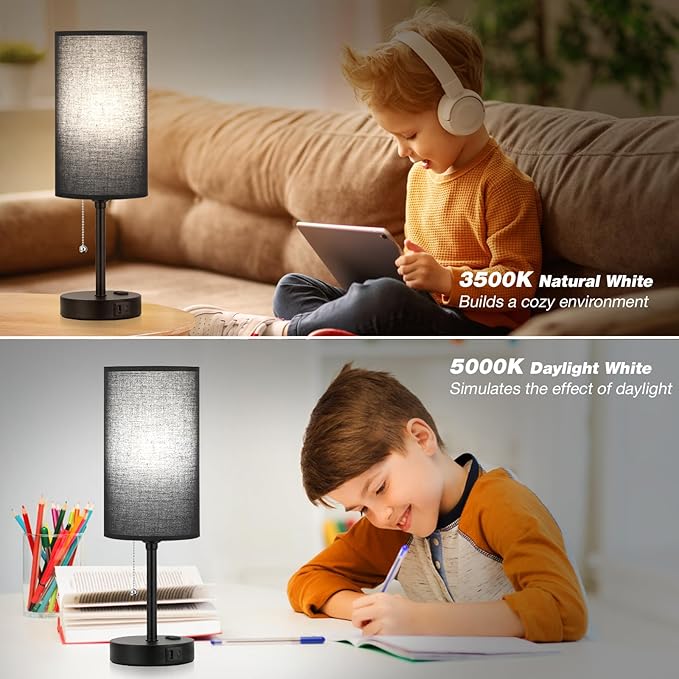 Dicoool 17Inch Tall Bedroom Lamps with USB C and A Ports 3 Color Temperatures - Pull Chain Black Nightstand Bedside Table Lamp with AC Outlet, Side Lamp for Living Room End Table