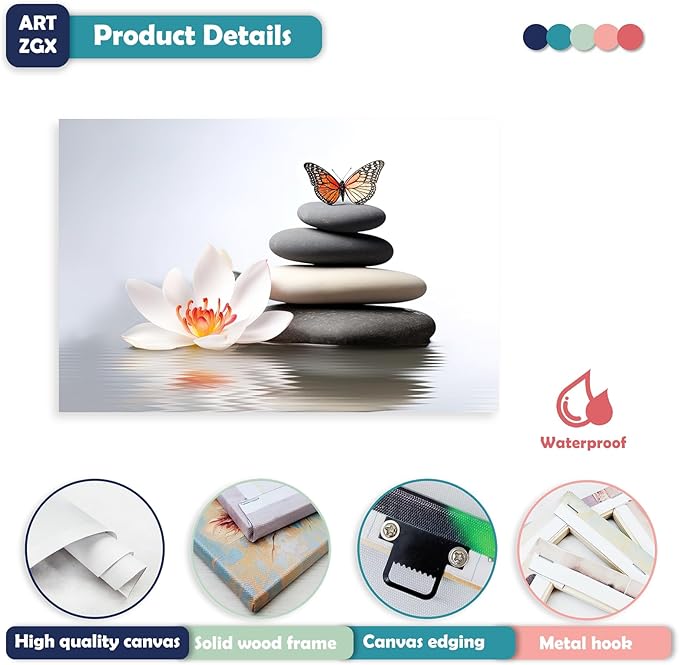 ARTZGX Zen Canvas Wall Art Spa Pictures Wall Decor Flower Zen Stones Butterfly Painting Print for Bathroom Yoga Decor Frame(Zen Flower - A 28.00" x 42.00")